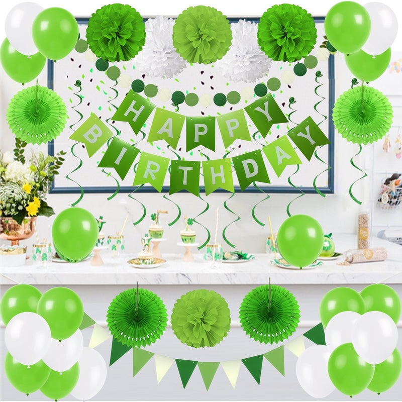 ZERODECO Birthday Party Decoration - Green & White Banner, Fans, Pom Poms, Balloons & More - Image 4